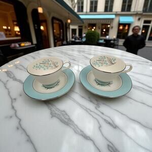 Sevron Powder Blue Lace Tea Coffee Cup Saucer Silver Trim 1950's Set of 2